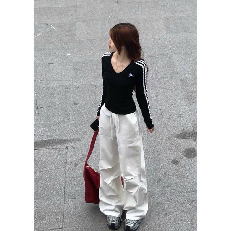 黑色辣妹正肩v领长袖t恤女秋早秋修身短款内搭单穿打底衫紧身上衣