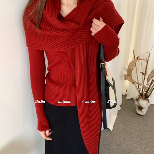 V领长袖针织衫披肩斗篷两件套