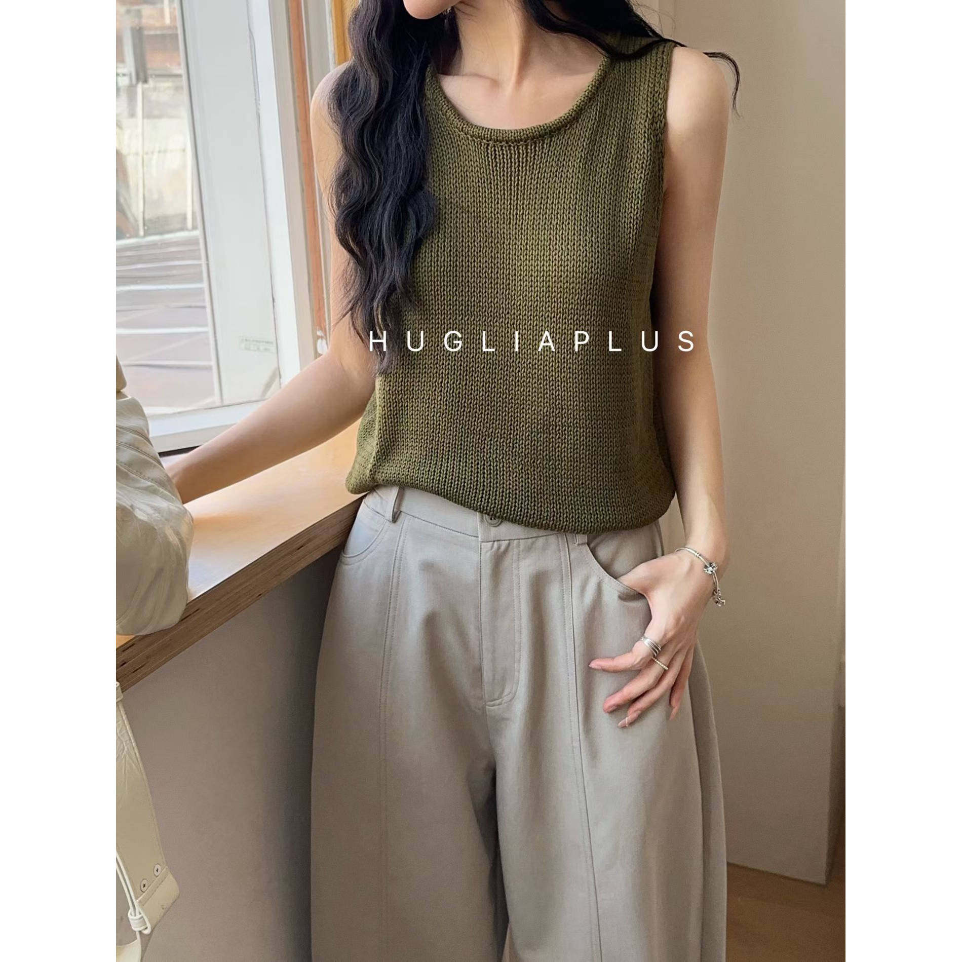 HUGLIA亚麻针织小背心女夏外穿无袖吊带上衣2026新款薄款打底内搭