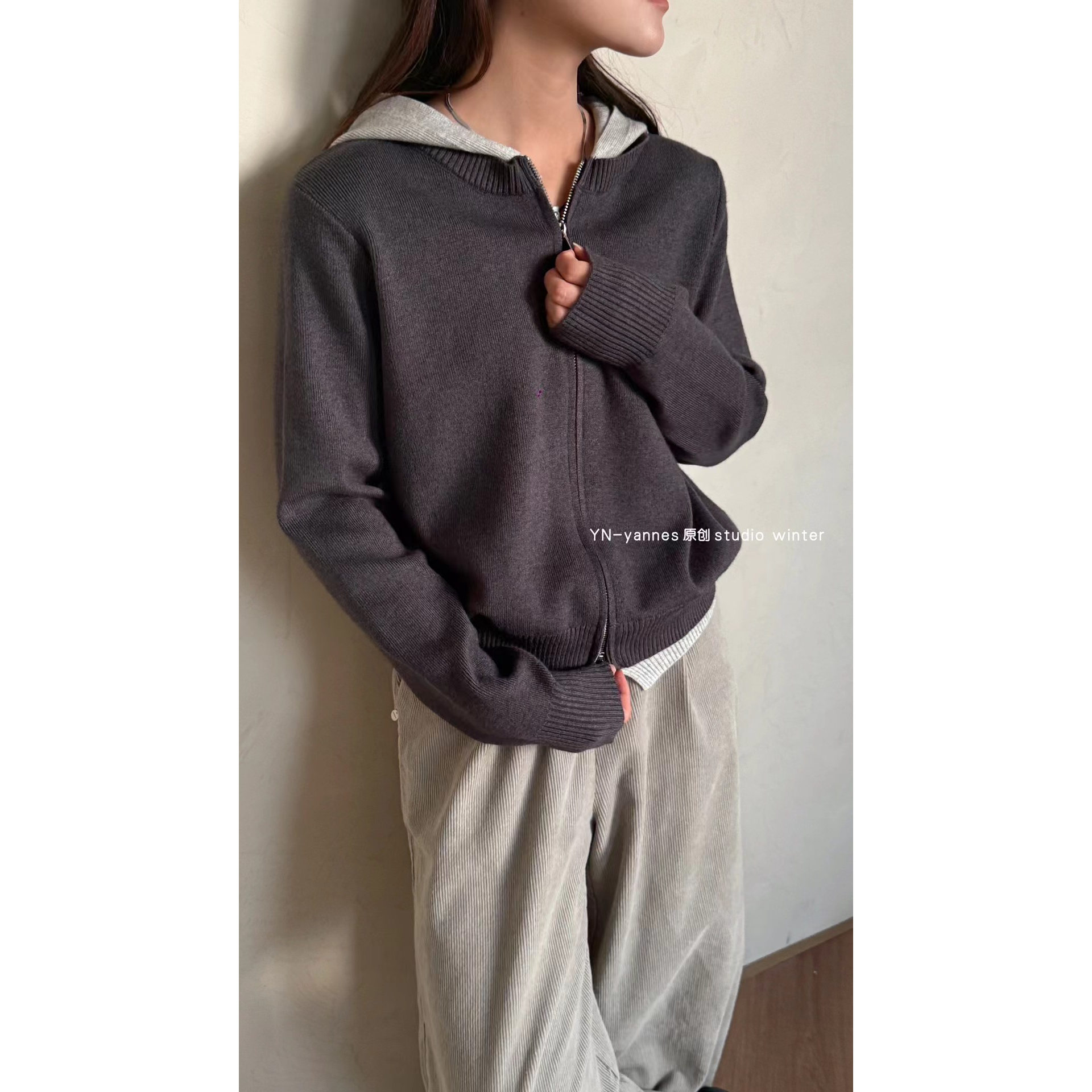 拼色拉链针织开衫连帽毛衣外套