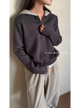YN拼色拉链针织开衫女2025秋冬宽松慵懒风休闲短款连帽毛衣外套