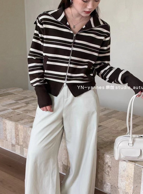 YN 长袖条纹翻领软糯针织衫女拉链开衫外套秋季新款洋气别致上衣
