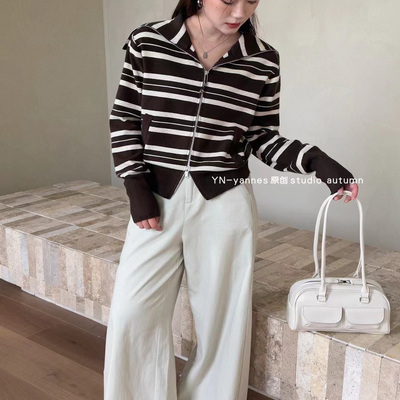 长袖条纹翻领软糯针织拉链开衫