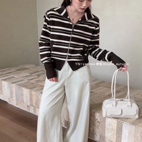 长袖条纹翻领软糯针织拉链开衫