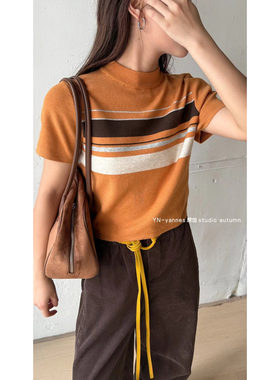 YN-yannes韩系针织衫女短袖2025秋季撞色条纹显瘦半高领百搭上衣