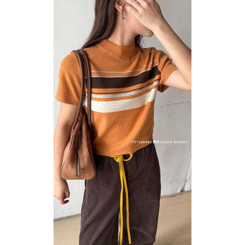 撞色条纹显瘦半高领针织衫女短袖