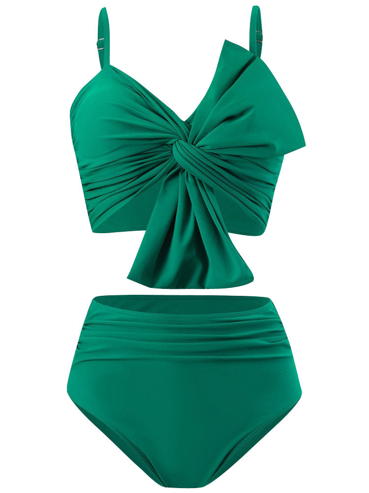 European and American Fat Hottie Bikini with Small Breasts Gathered to Cover the Flesh and Look Slimming Look Holiday Style Split Swimsuit for Women with Bow Hot Spring