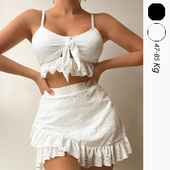 2025大码 比基尼三件套性感荷叶边显瘦分体泳衣微胖MM女孩白黑 裙式