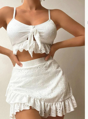 2025大码裙式比基尼三件套性感荷叶边显瘦分体泳衣微胖MM女孩白黑