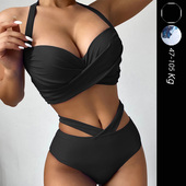 胖MM时尚 2025新款 黑色挂脖大码 性感高腰比基尼钢圈聚拢分体泳衣