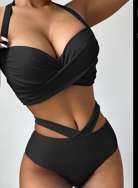 2025新款黑色挂脖大码胖MM时尚性感高腰比基尼钢圈聚拢分体泳衣