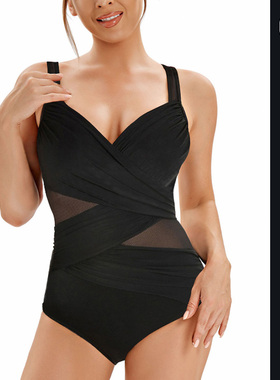 2025新款欧美大码微胖mm网纱性感遮肚显瘦大胸温泉连体泳衣女妈妈