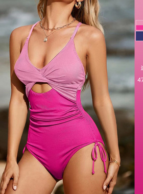 爆款欧美性感大码连体泳衣女2024新款遮肚子显瘦高级感绑带泡温泉