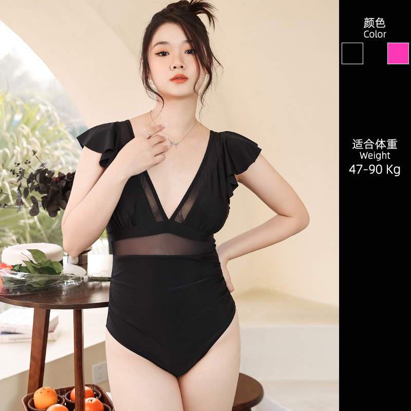 欧美黑色荷叶边大码女士连体泳衣性感V领显瘦遮肚泳装泡温泉网纱