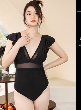 欧美黑色荷叶边大码女士连体泳衣性感V领显瘦遮肚泳装泡温泉网纱
