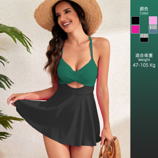 胖mm 三角连体泳衣遮肉显瘦少女玫红大码 清仓 欧美风性感露背裙式