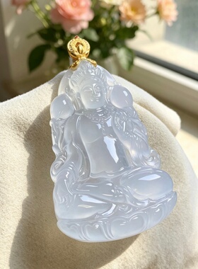 缅甸翡翠A货高冰种纯白色细腻白冰度母吊坠18K金钻镶嵌 0043