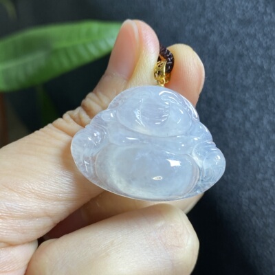 掌中翠缅甸天然翡翠冰种纯白饱满笑脸佛公18k金镶嵌女士吊坠 0084