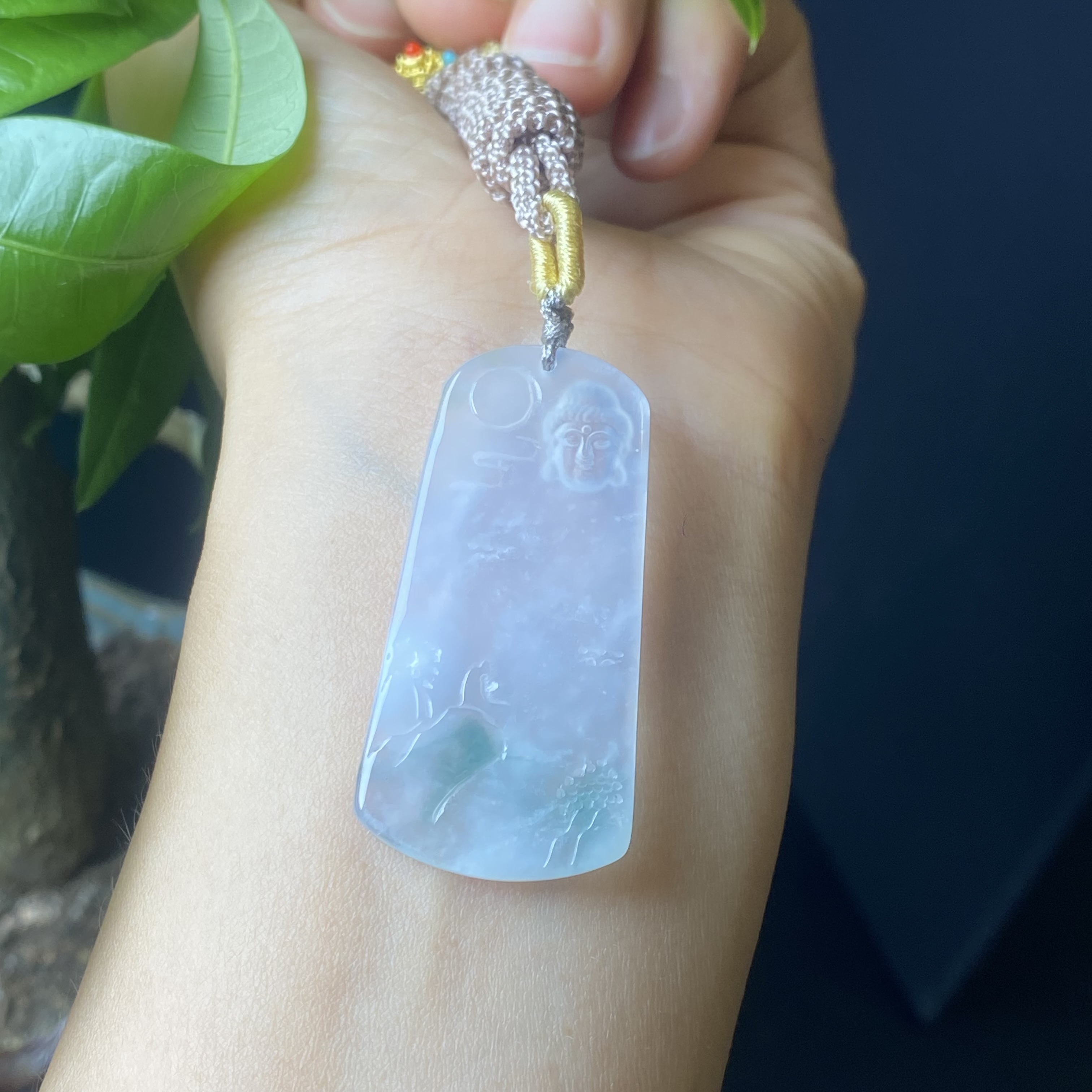 掌中翠缅甸天然翡翠高冰种飘花山水意境观音挂件吊坠 0097