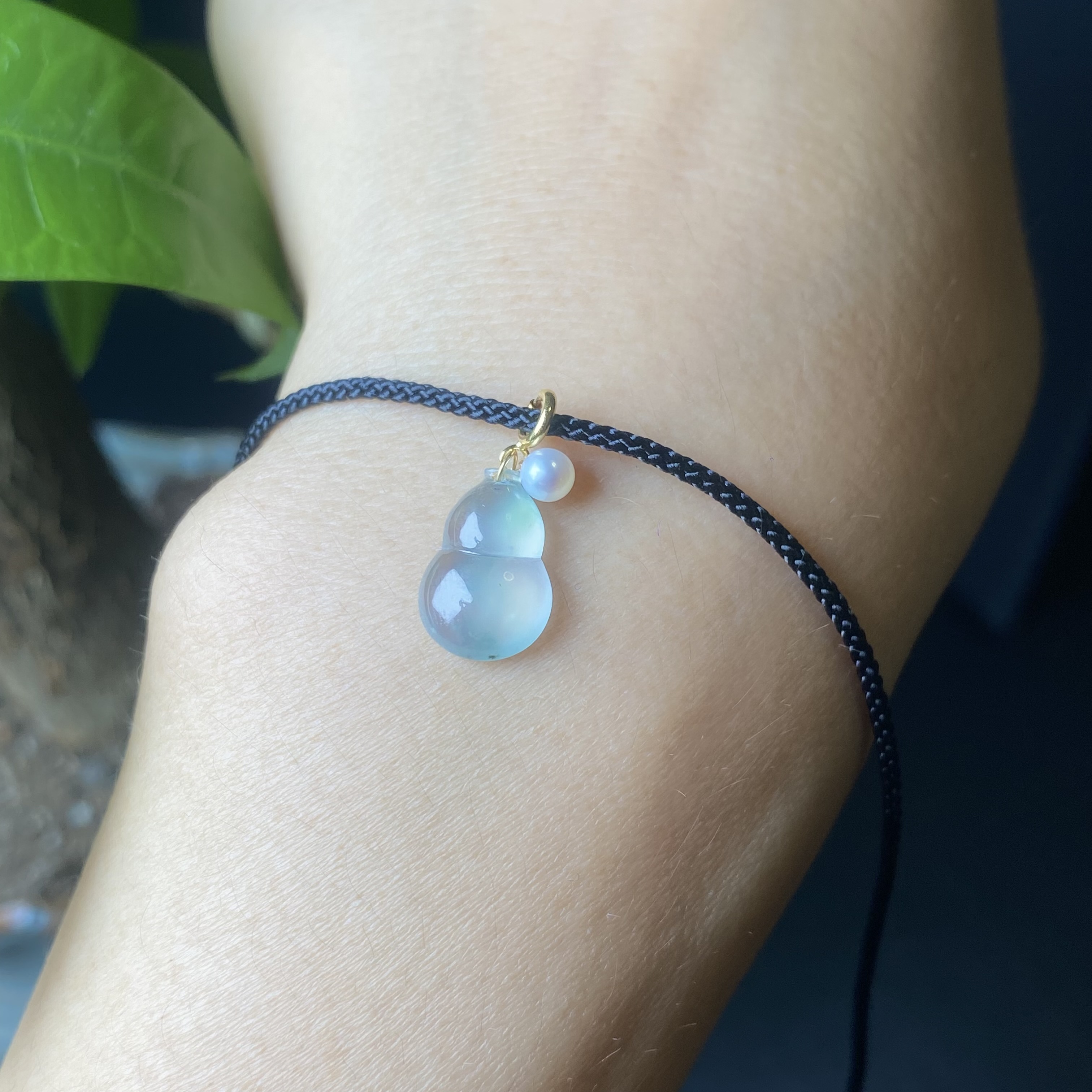 天然翡翠A货高冰种飘花小葫芦裸石18K金万能扣小滴溜手链 0138