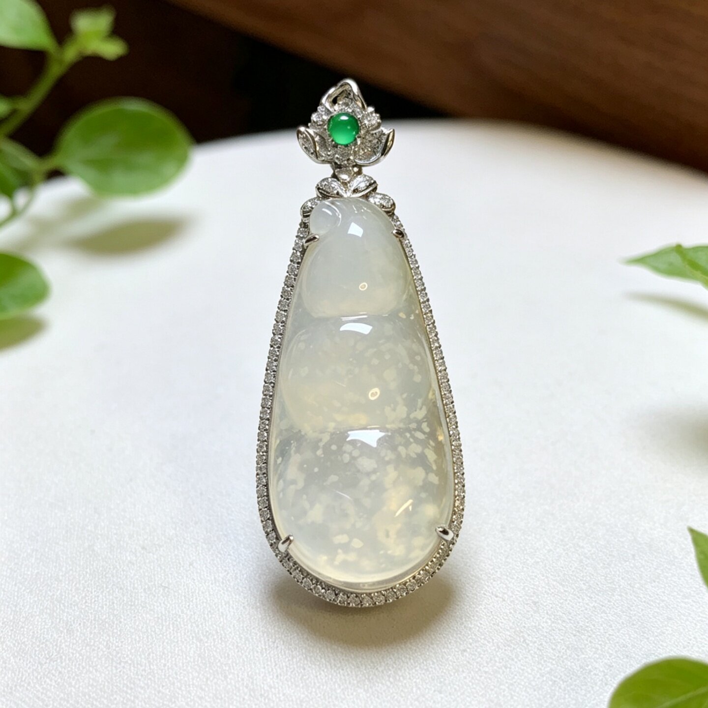 天然翡翠冰种起胶黄翡木纳雪花棉四季豆吊坠18k金镶嵌玉挂件 0515