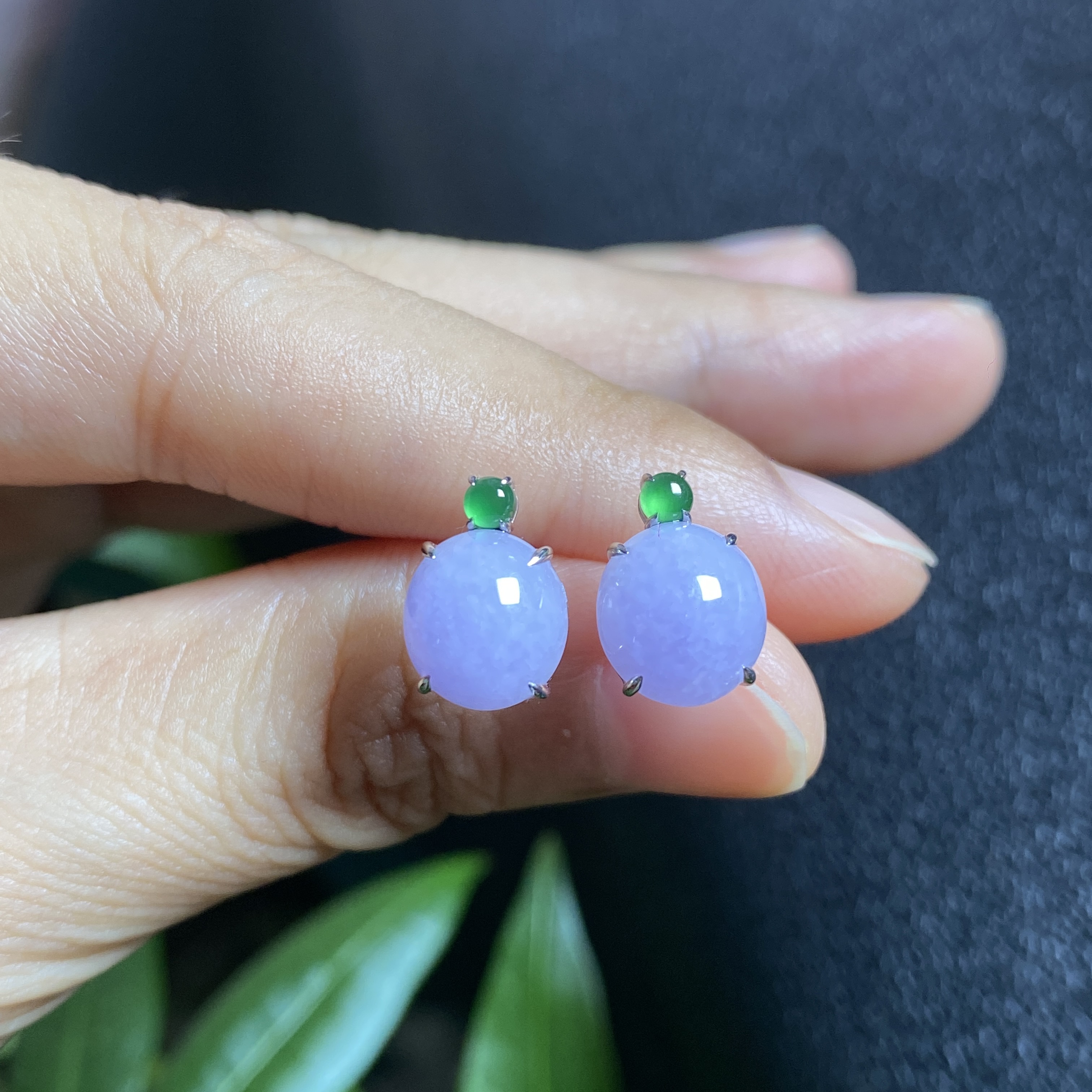 缅甸天然翡翠A货冰糯紫罗兰饱满蛋面耳钉18K金女款耳饰 0288