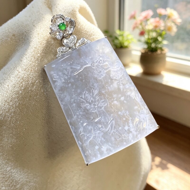 掌中翠天然翡翠高冰种木纳雪花棉鹿牌吊坠一路平安18k金镶嵌 0351