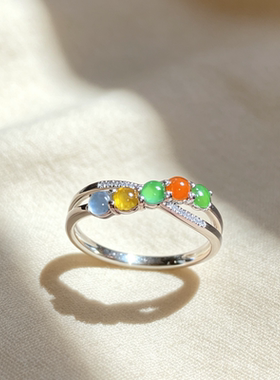 翡翠A货高冰种起胶马卡龙多宝五彩戒指18K金镶嵌女款排戒 0261