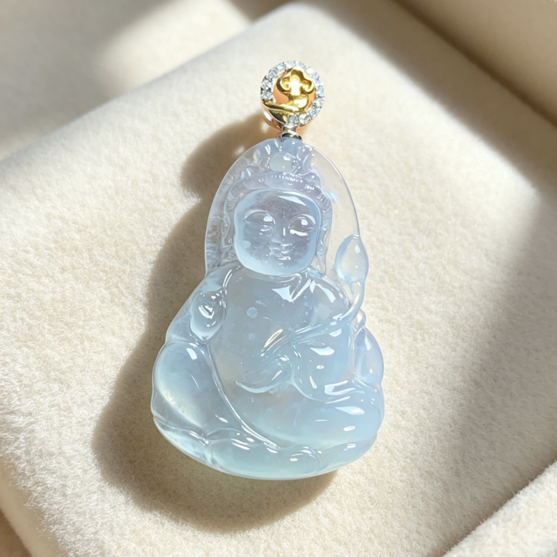 掌中翠天然翡翠高冰种木纳雪花棉宝宝观音吊坠挂件18k金镶嵌 0140