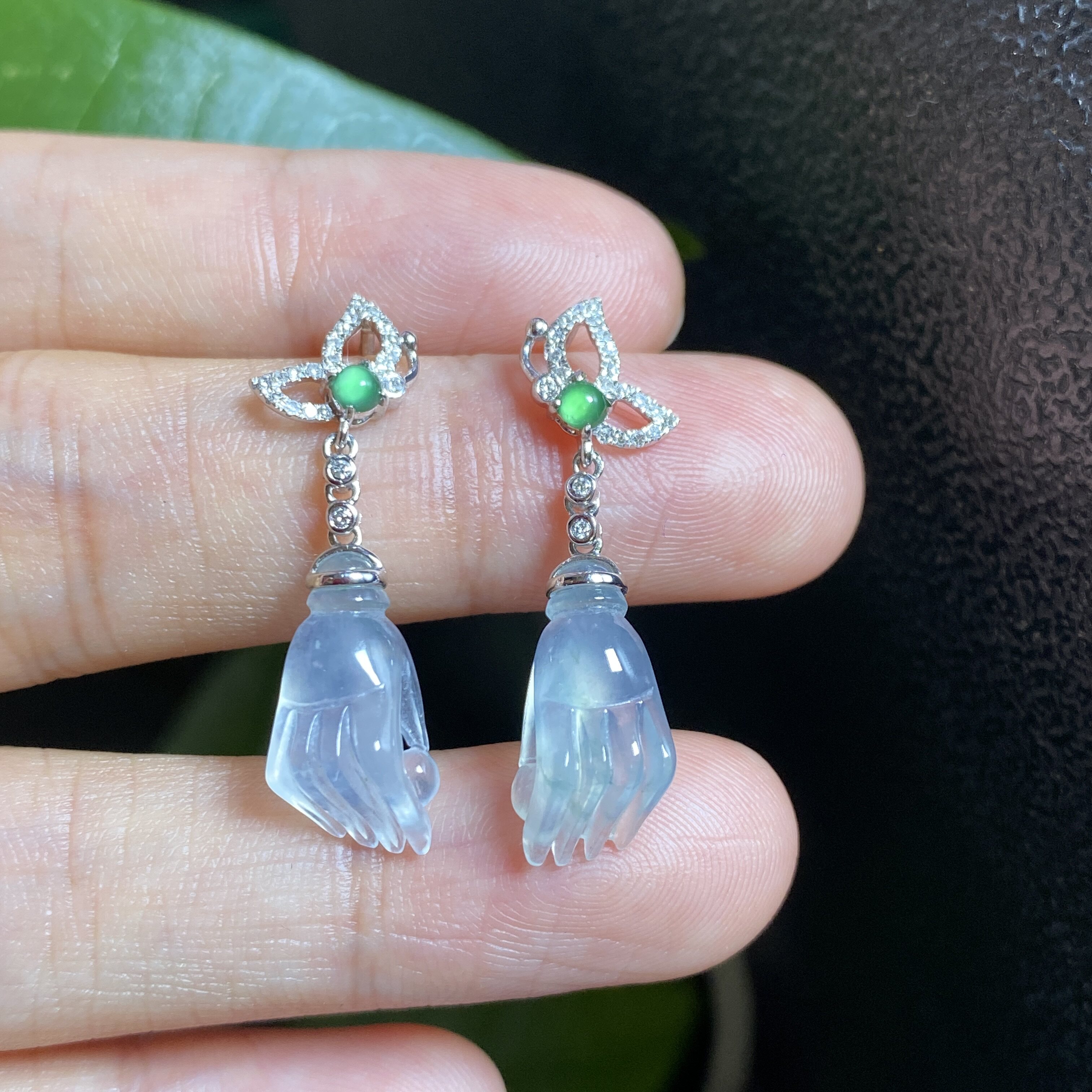 缅甸天然翡翠A货高冰种起胶纯白佛手耳环耳坠18K金女款耳饰 0266