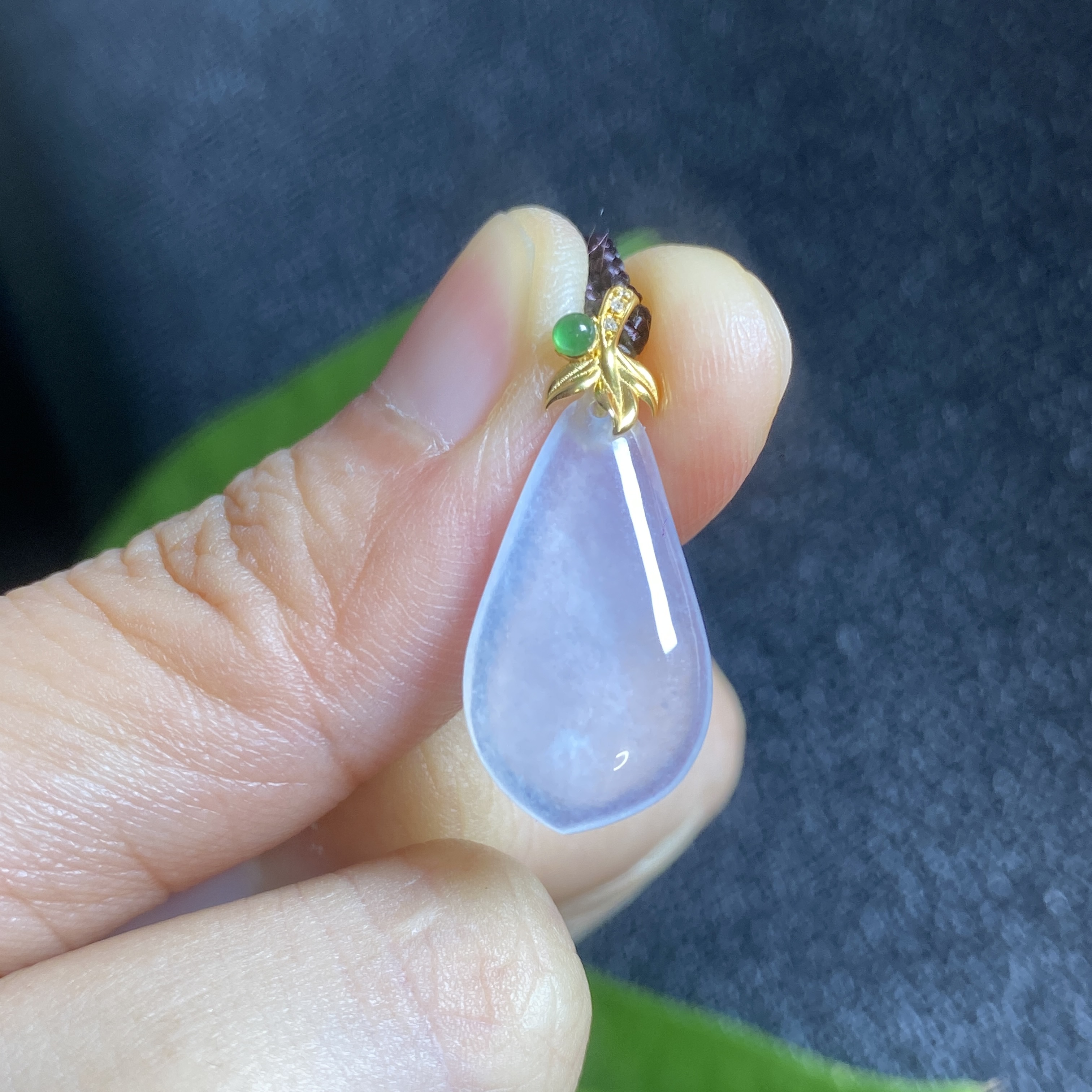 缅甸天然翡翠高冰种起胶纯白色小福瓜18k金镶嵌玉石吊坠 0137