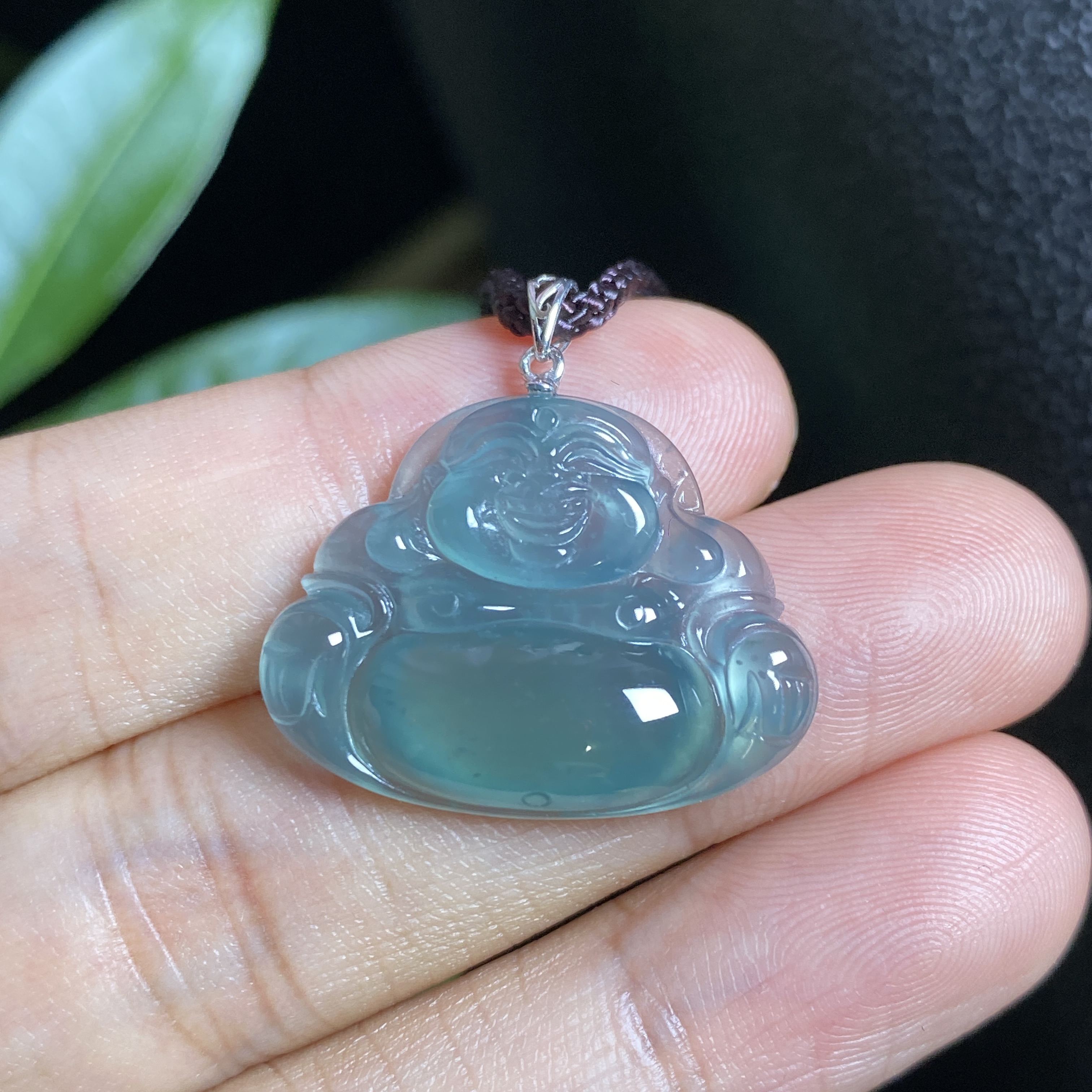 掌中翠天然翡翠冰种蓝绿起胶笑脸佛吊坠18k金镶嵌 0012