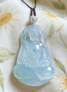 缅甸翡翠A货冰种飘花大件观音吊坠18K金莫桑钻镶嵌 0159
