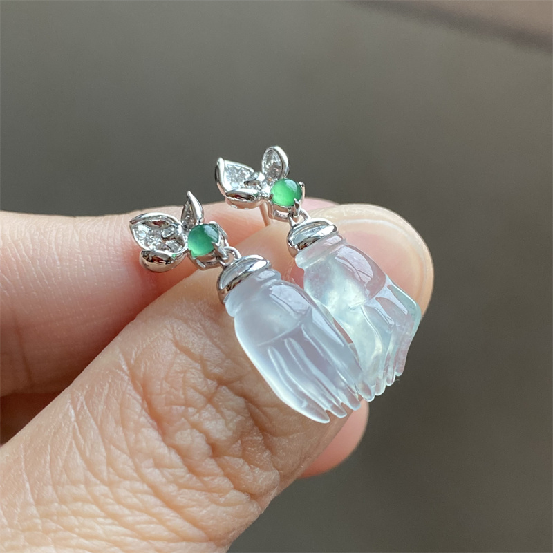 掌中翠天然翡翠A货高冰种起胶佛手耳坠耳环抓财手18K金女款耳饰 0