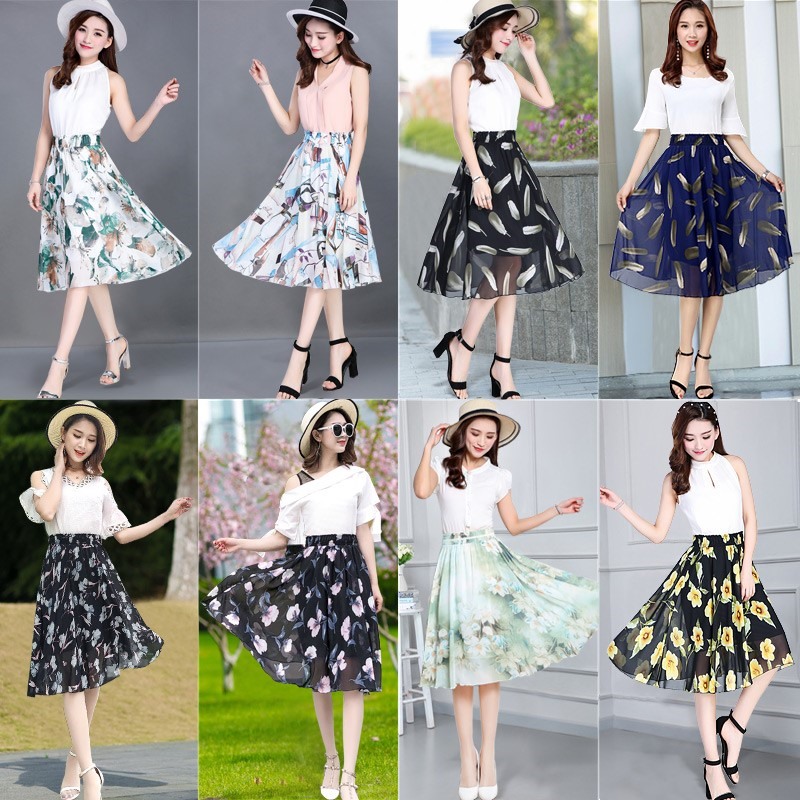 Waist literature Large girl Elastic waist 2019 Fat sister Middle-skirt Broken flowers Chiffon skirt Elegantin the Women's clothing/Boutique , Skirts  category - from Buy2taobao.com to provide professional Taobao agent buy service
