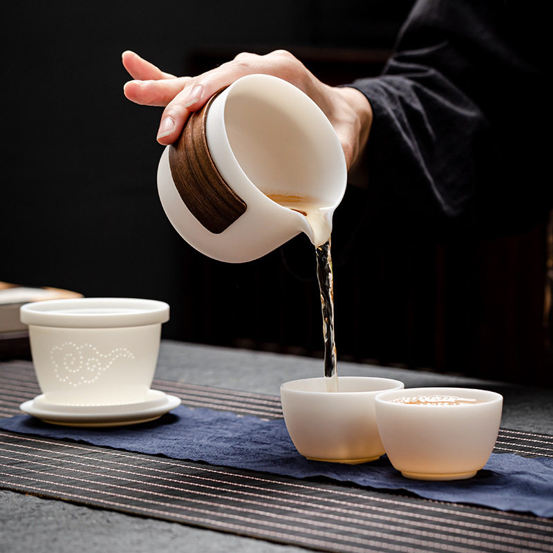 旅行茶具套装羊脂玉素烧白瓷快客杯一壶两杯便携高档礼