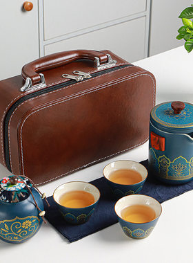 陶瓷旅行便携包快客杯一壶三杯茶叶罐整套功夫茶具套装礼