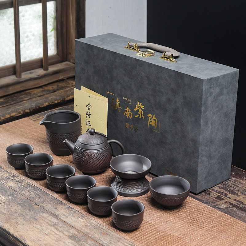 工厂直批建水紫陶功夫茶具套装跳刀工艺茶壶盖碗礼盒套装茶杯礼盒