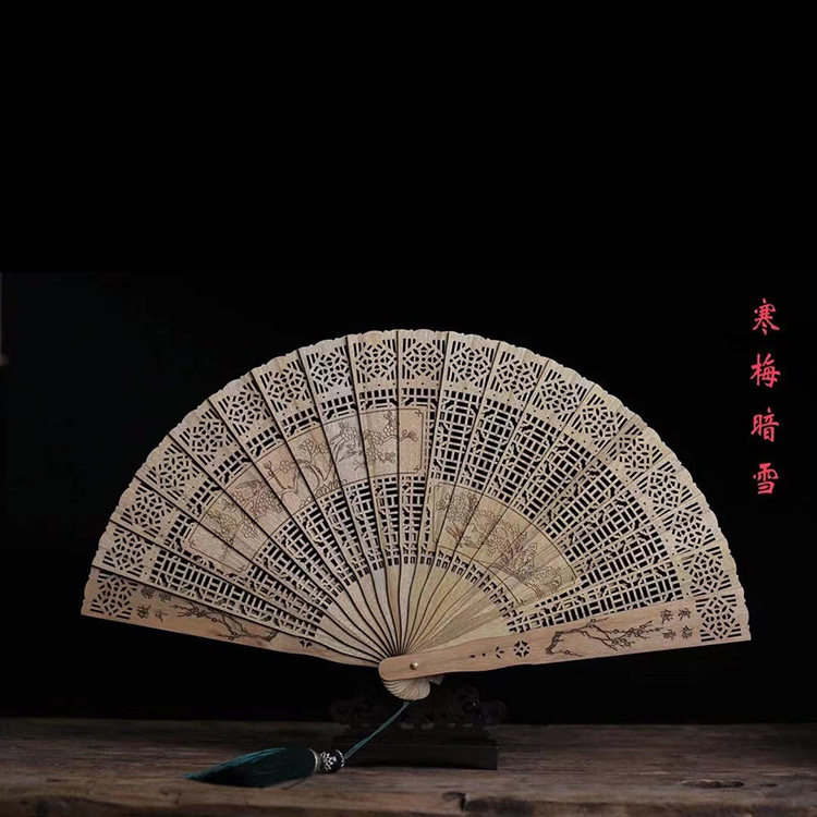 金丝楠木质折扇中国风雕刻扇子八款苏扇锦盒包装配底座厂家