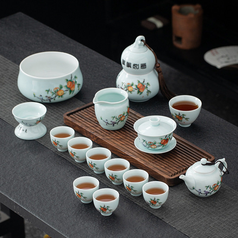 陶瓷功夫茶具套装家用办公商务青瓷茶壶茶杯葫芦茶叶罐大套组