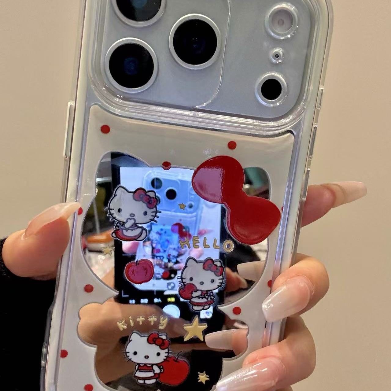 可爱卡通镂空镜面红苹果猫咪适用ihone17promax苹果16pro手机壳15童趣创意搞怪新款防摔保护壳