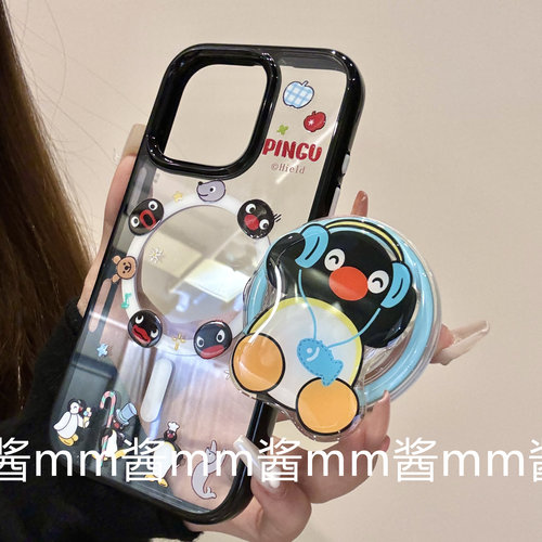 创意耳机企鹅磁吸支架适用iphone16promax苹果15p手机壳新款13pro