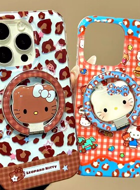 趣味可爱红格纹豹纹猫咪支架适用iphone16prom苹果15手机保护壳14童趣创意新款防摔保护壳