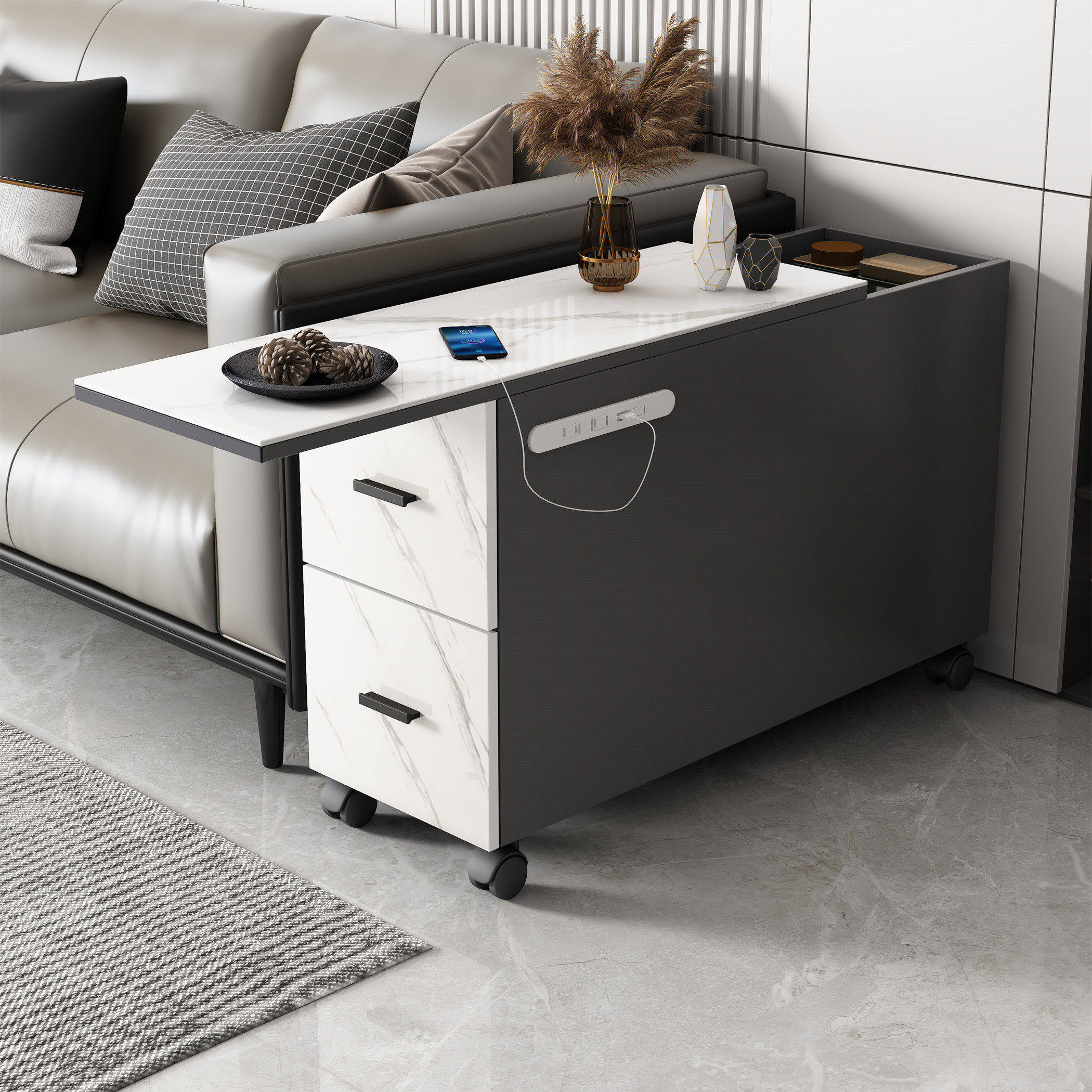 可移动充电岩板边柜沙发侧边柜小户型茶水桌暗格双抽屉轻奢角边几,住宅家具,角几/边几,淘宝优惠券,粉丝福利购,淘宝优惠卷