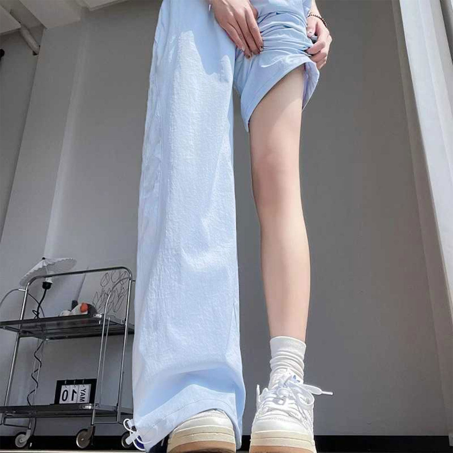 雾霾蓝速干工装裤女2025新款夏薄款小个子高腰垂感冰丝窄版阔腿裤