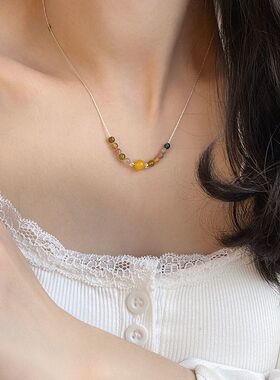 槐序HX 彩色碧玺蜜蜡项链女925纯银ins风甜美小众轻奢气质锁骨链