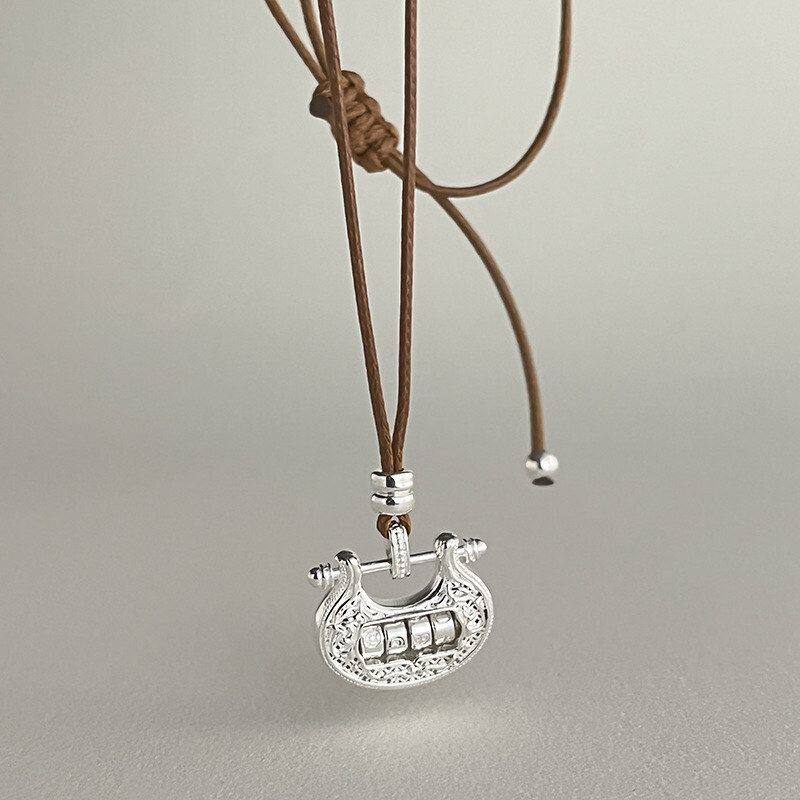 槐序HX【平安锁系列】925纯银算盘项链女国风手工编织蜡绳毛衣链