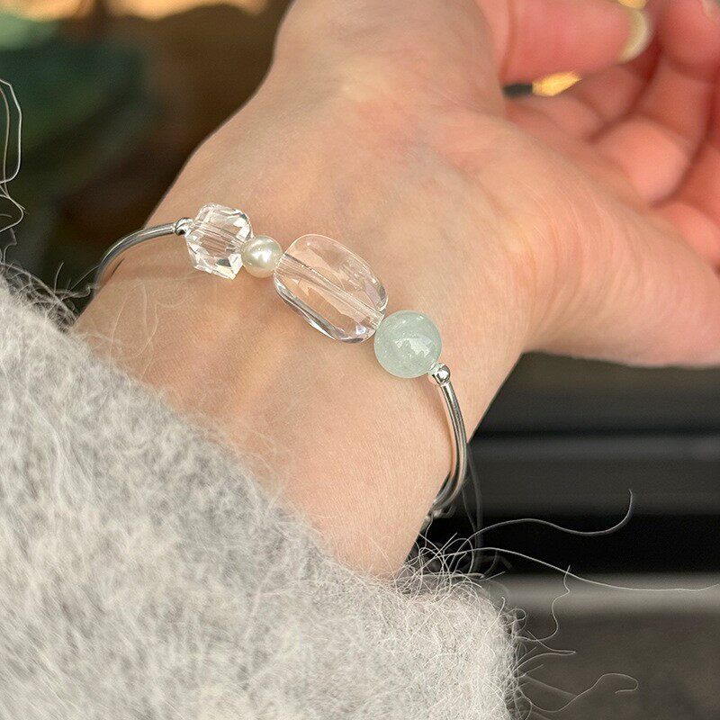 槐序HX【水晶系列】925纯银海蓝宝珍珠手链女春夏时尚气质弹力绳