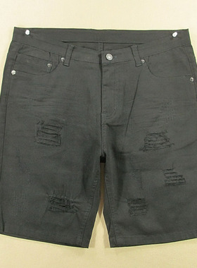 牛仔中裤五分裤男34码薄款弹力黑色假破洞短裤全新品V211/8536-03