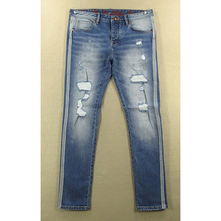 小脚裤 弹力修身 破洞丹宁侧条纹SM L207 赤耳牛仔裤 4209 男32码